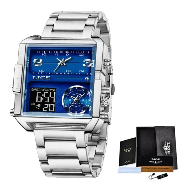 Elegance 8925 Digital Steel Men Watch Fashion Black Steel Watch Men Digital Dual Display Watch Sports Chronograph Waterproof Quartz Wristwatch Men Military Watch