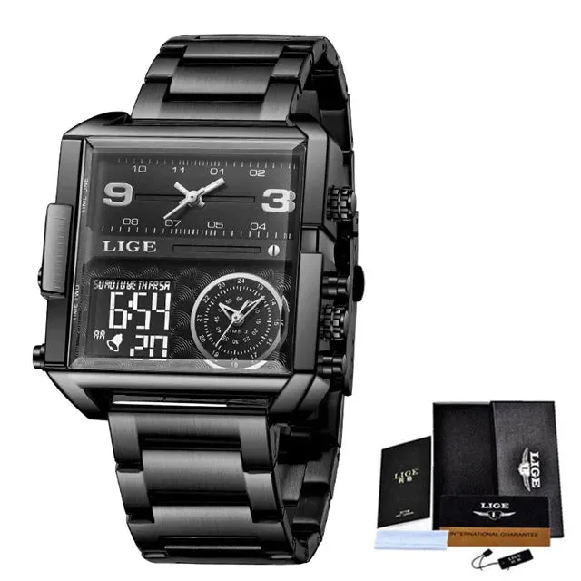Elegance 8925 Digital Steel Men Watch Fashion Black Steel Watch Men Digital Dual Display Watch Sports Chronograph Waterproof Quartz Wristwatch Men Military Watch