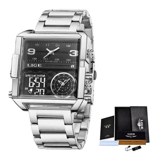 Elegance 8925 Digital Steel Men Watch Fashion Black Steel Watch Men Digital Dual Display Watch Sports Chronograph Waterproof Quartz Wristwatch Men Military Watch