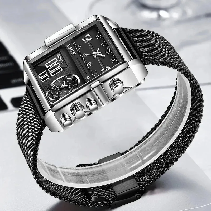Elegance 8925 Digital Steel Men Watch Fashion Black Steel Watch Men Digital Dual Display Watch Sports Chronograph Waterproof Quartz Wristwatch Men Military Watch