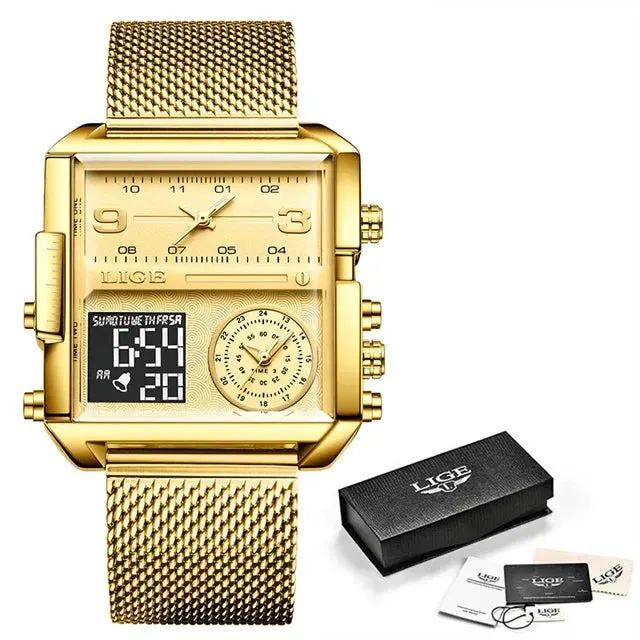 Elegance 8925 Digital Steel Men Watch Fashion Black Steel Watch Men Digital Dual Display Watch Sports Chronograph Waterproof Quartz Wristwatch Men Military Watch