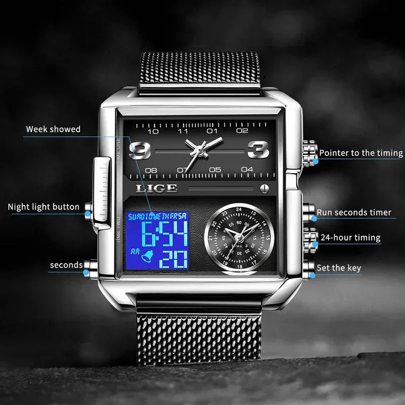 Elegance 8925 Digital Steel Men Watch Fashion Black Steel Watch Men Digital Dual Display Watch Sports Chronograph Waterproof Quartz Wristwatch Men Military Watch