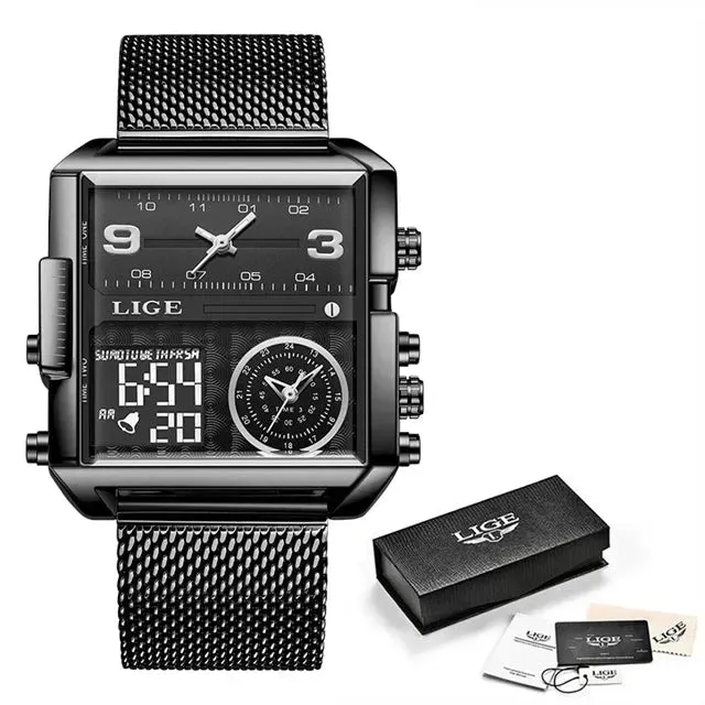 Elegance 8925 Digital Steel Men Watch Fashion Black Steel Watch Men Digital Dual Display Watch Sports Chronograph Waterproof Quartz Wristwatch Men Military Watch