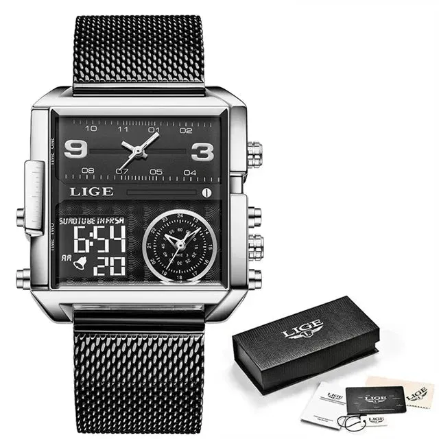 Elegance 8925 Digital Steel Men Watch Fashion Black Steel Watch Men Digital Dual Display Watch Sports Chronograph Waterproof Quartz Wristwatch Men Military Watch