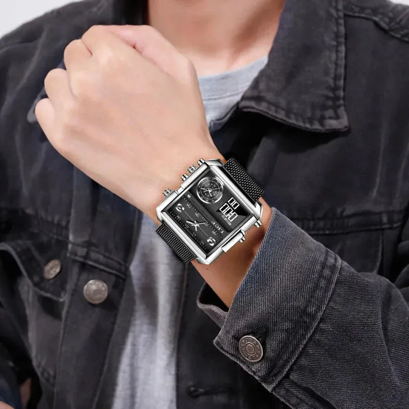 Elegance 8925 Digital Steel Men Watch Fashion Black Steel Watch Men Digital Dual Display Watch Sports Chronograph Waterproof Quartz Wristwatch Men Military Watch
