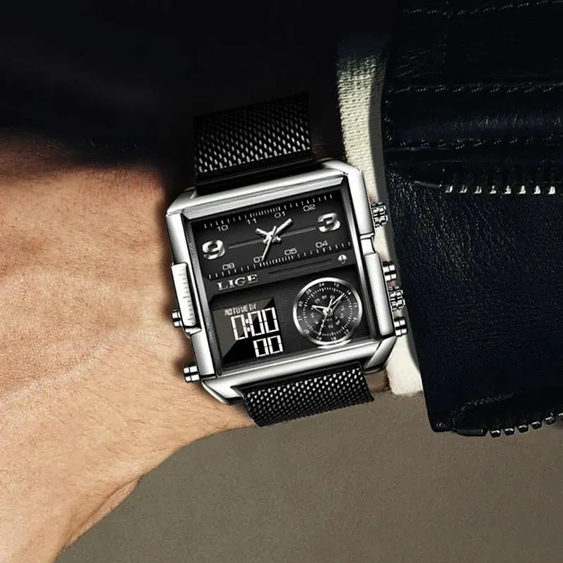 Elegance 8925 Digital Steel Men Watch Fashion Black Steel Watch Men Digital Dual Display Watch Sports Chronograph Waterproof Quartz Wristwatch Men Military Watch
