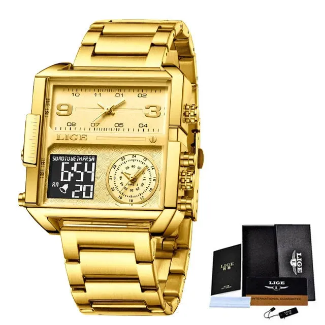 Elegance 8925 Digital Steel Men Watch Fashion Black Steel Watch Men Digital Dual Display Watch Sports Chronograph Waterproof Quartz Wristwatch Men Military Watch
