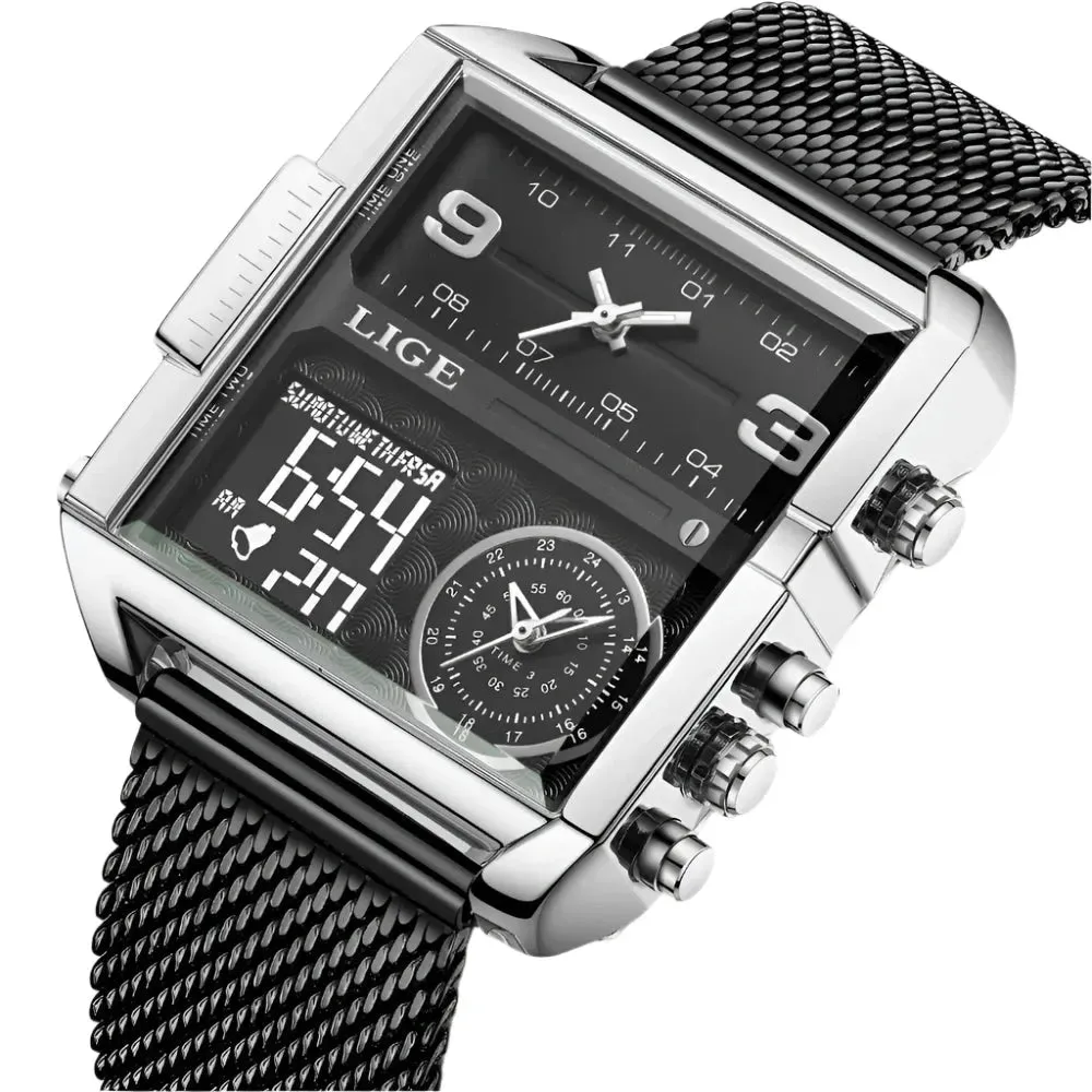 Elegance 8925 Digital Steel Men Watch Fashion Black Steel Watch Men Digital Dual Display Watch Sports Chronograph Waterproof Quartz Wristwatch Men Military Watch