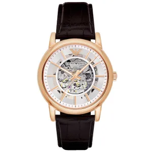 EMPORIO ARMANI Dress Brown Leather Strap Silver (Skeleton) Dial Automatic Watch for Gents - AR1983