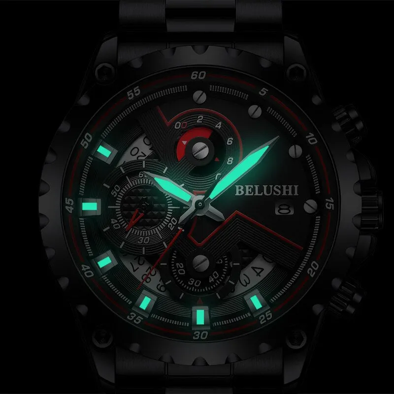 Fashion New Mens Watch | BELUSHI Luxury Chronograph Full Steel Waterproof Quartz Watch