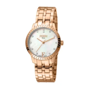 Ferre Milano Ladies Watch Ip Rose Gold Case & Bracelet With Mother Of Pearl Dial
