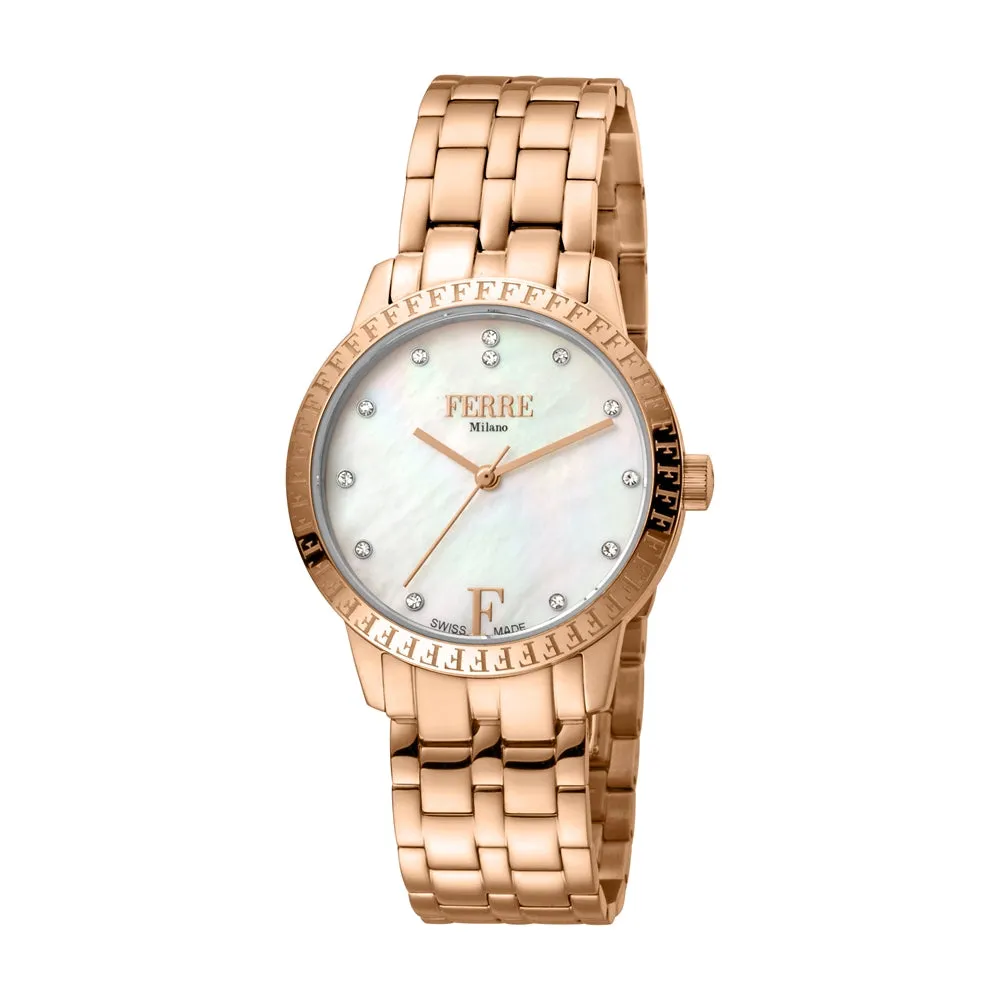 Ferre Milano Ladies Watch Ip Rose Gold Case & Bracelet With Mother Of Pearl Dial