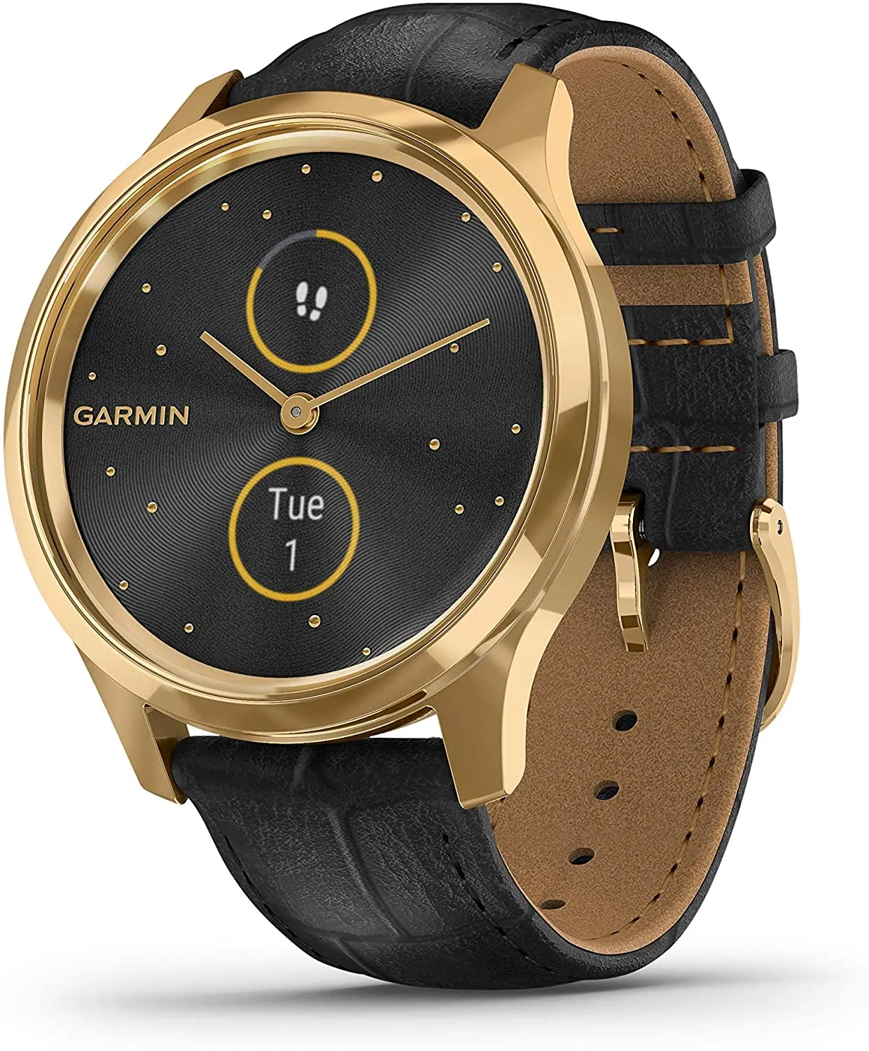 Garmin Vivomove 3 Luxe, Hybrid Smartwatch with White Earbuds Bundle (24K Gold/Black, Leather)