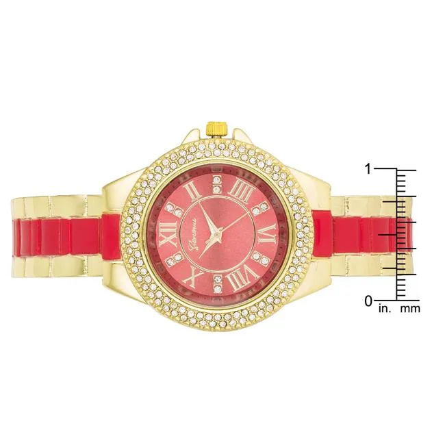 Gold Metal Cuff Watch With Crystals - Coral