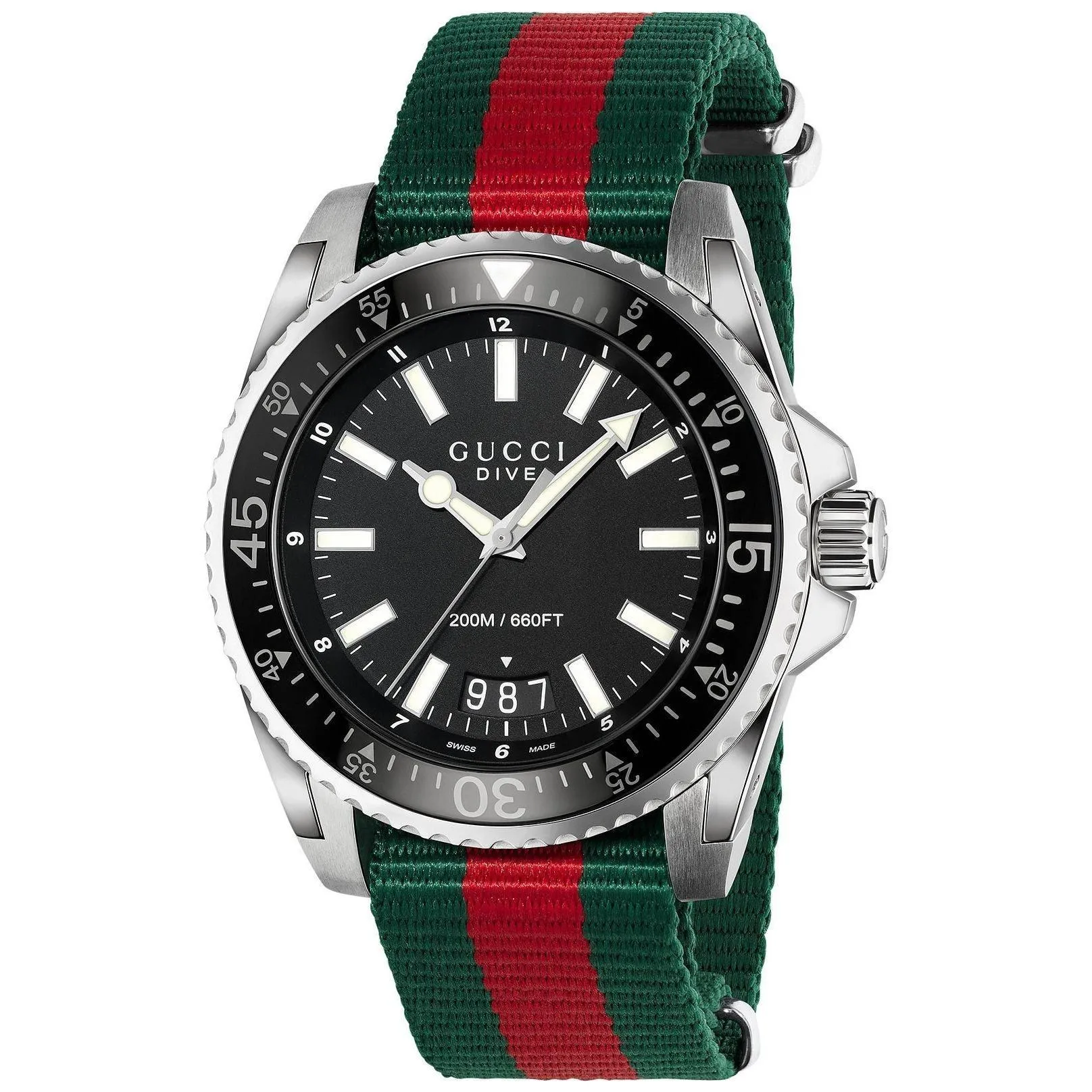 Gucci Dive Black Dial Red and Green Nylon Men's Watch YA136206