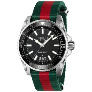Gucci Dive Black Dial Red and Green Nylon Men's Watch YA136206