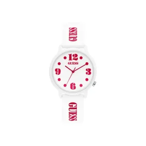 Guess Unisex Watch White Plastic Case / White Silicone Strap With Red Color Guess Logo