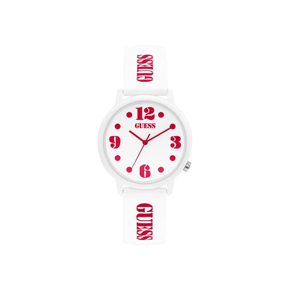 Guess Unisex Watch White Plastic Case / White Silicone Strap With Red Color Guess Logo