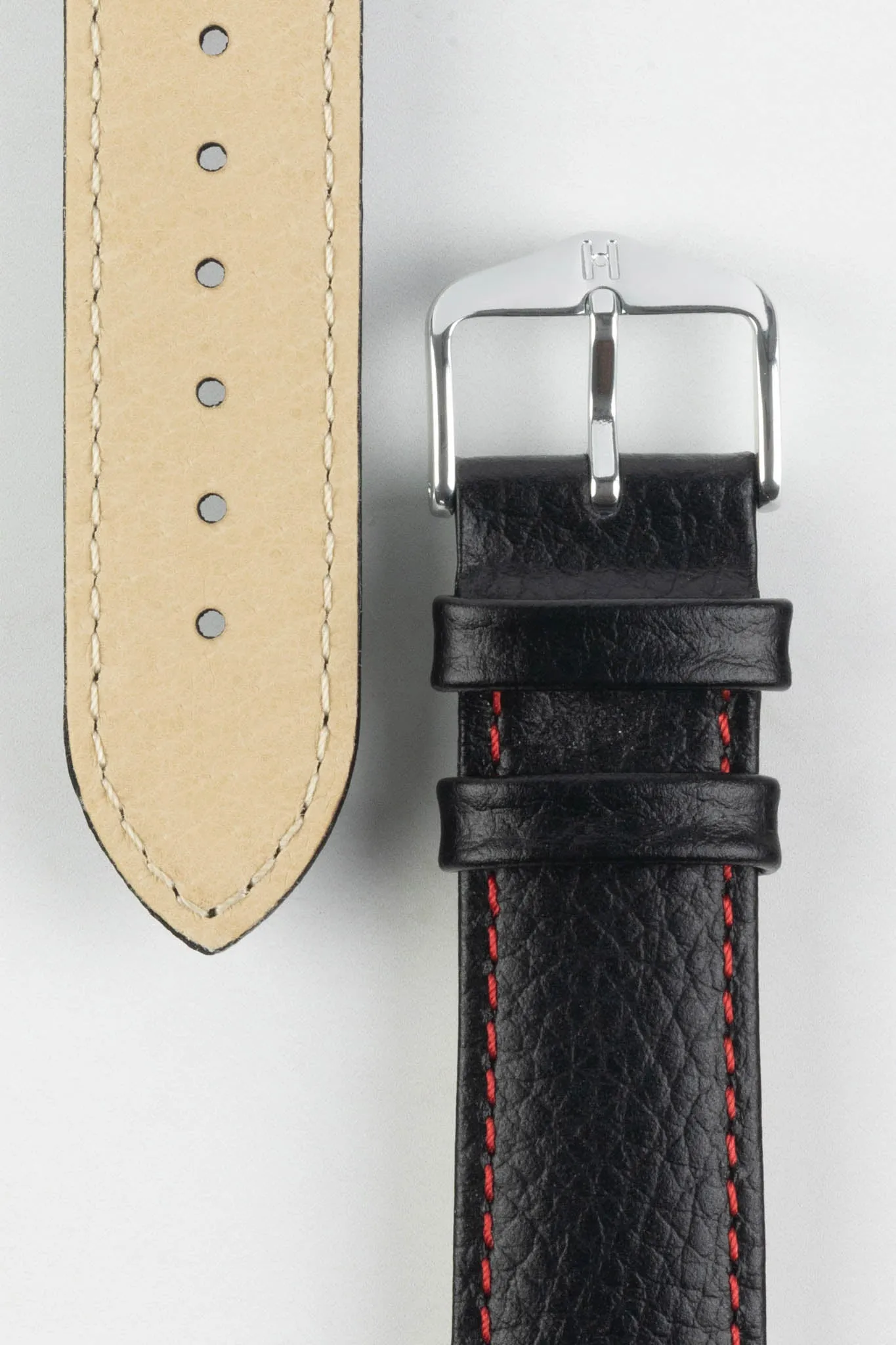 Hirsch KANSAS Buffalo-Embossed Calf Leather Watch Strap in BLACK with Red Stitching