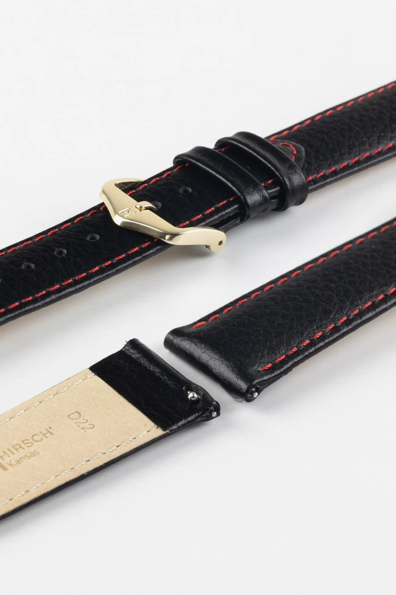 Hirsch KANSAS Buffalo-Embossed Calf Leather Watch Strap in BLACK with Red Stitching