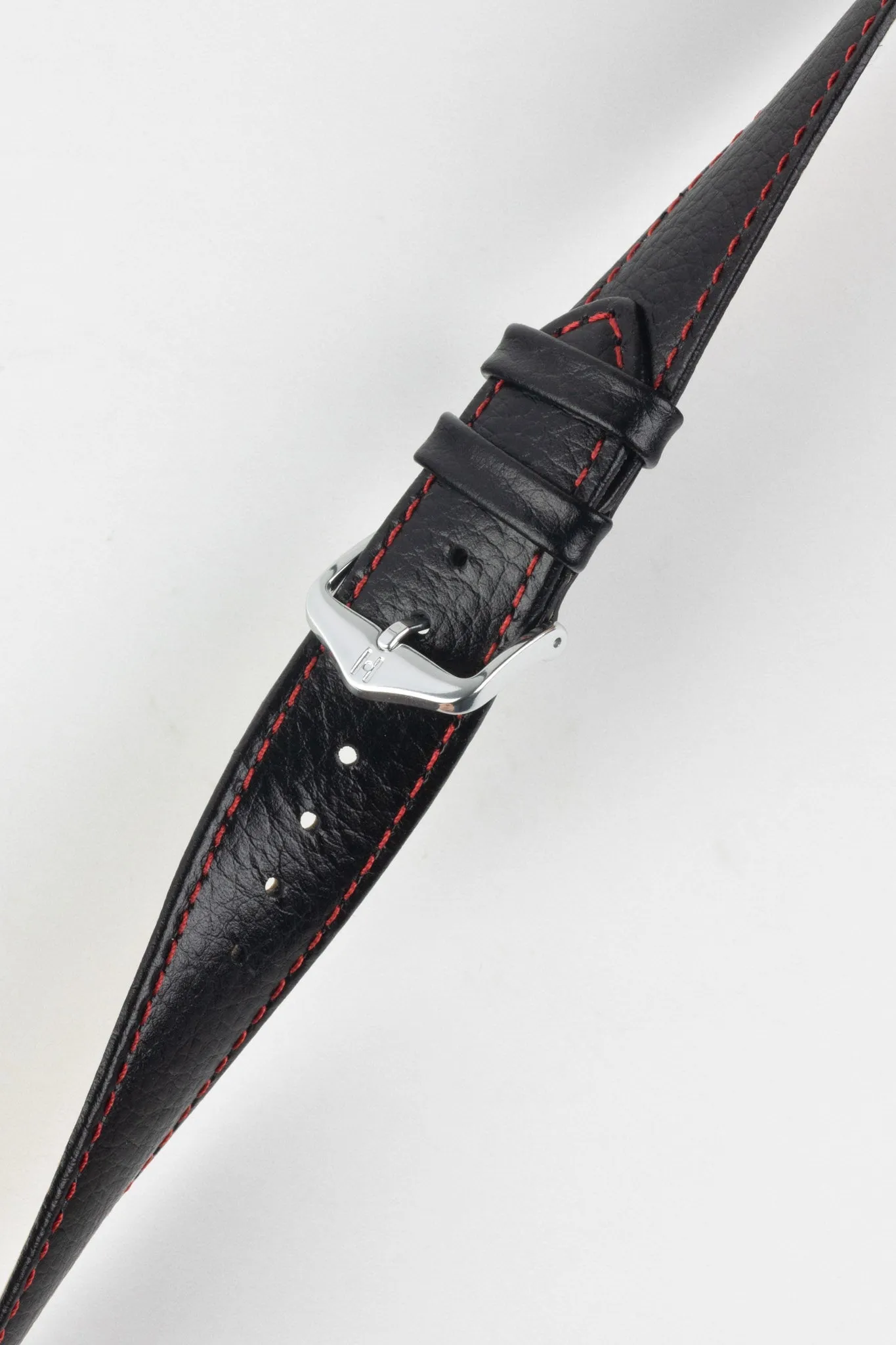 Hirsch KANSAS Buffalo-Embossed Calf Leather Watch Strap in BLACK with Red Stitching