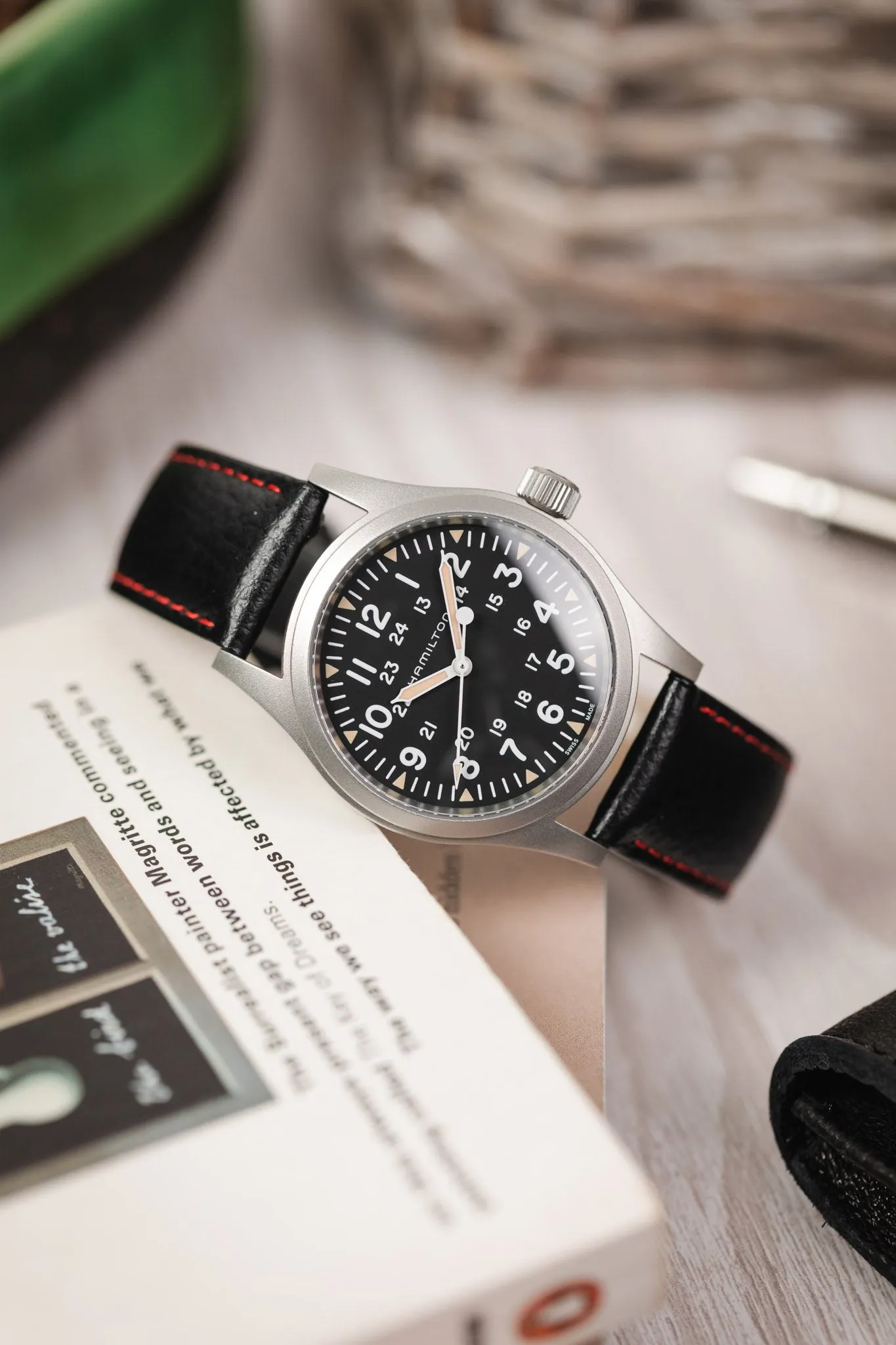 Hirsch KANSAS Buffalo-Embossed Calf Leather Watch Strap in BLACK with Red Stitching