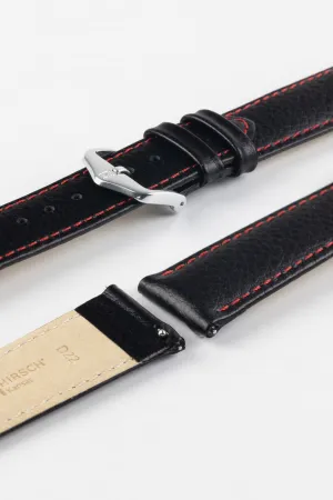 Hirsch KANSAS Buffalo-Embossed Calf Leather Watch Strap in BLACK with Red Stitching