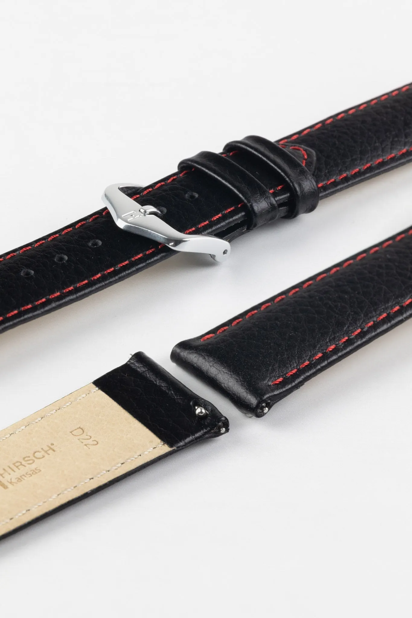 Hirsch KANSAS Buffalo-Embossed Calf Leather Watch Strap in BLACK with Red Stitching