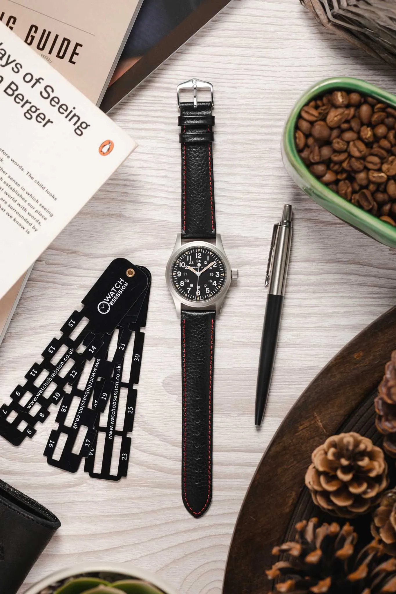 Hirsch KANSAS Buffalo-Embossed Calf Leather Watch Strap in BLACK with Red Stitching