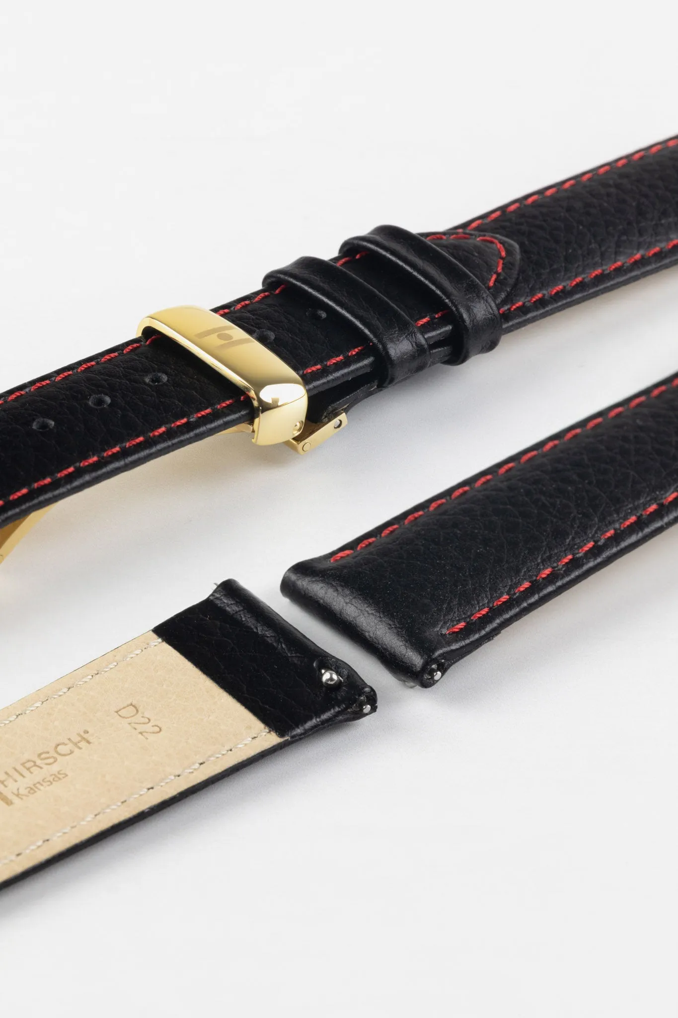 Hirsch KANSAS Buffalo-Embossed Calf Leather Watch Strap in BLACK with Red Stitching