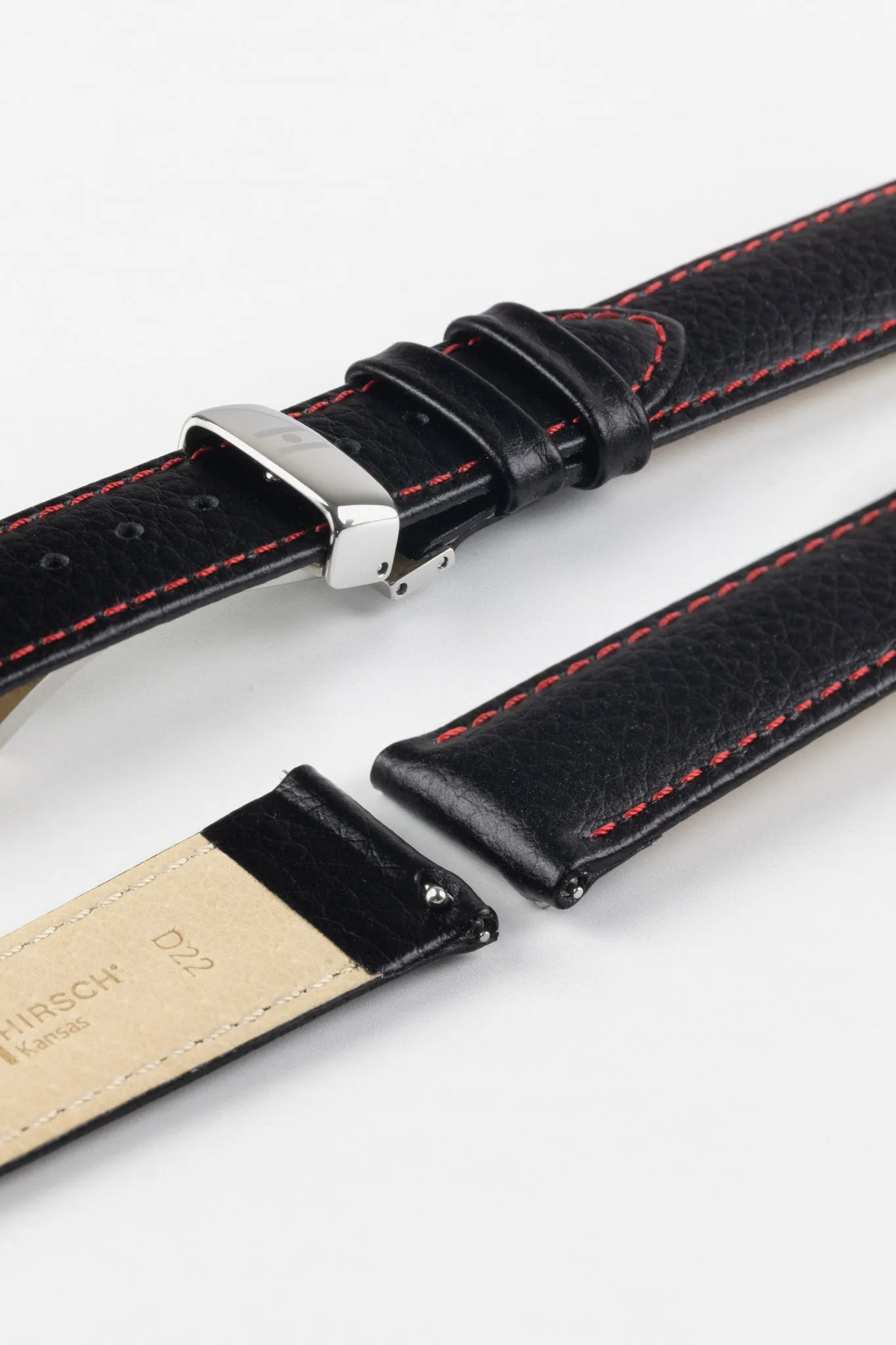 Hirsch KANSAS Buffalo-Embossed Calf Leather Watch Strap in BLACK with Red Stitching