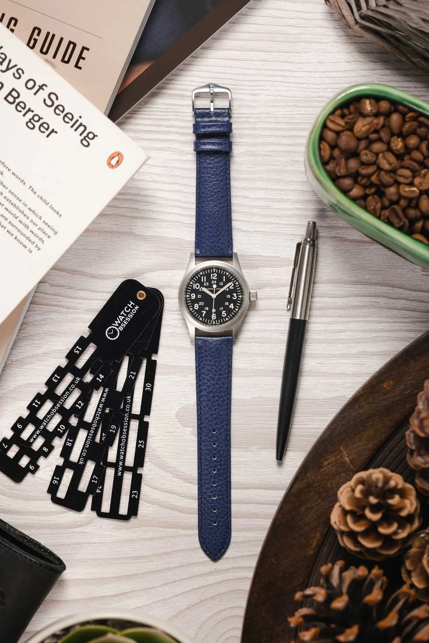 Hirsch KANSAS Buffalo Embossed Calf Leather Watch Strap in BLUE with Blue Stitch