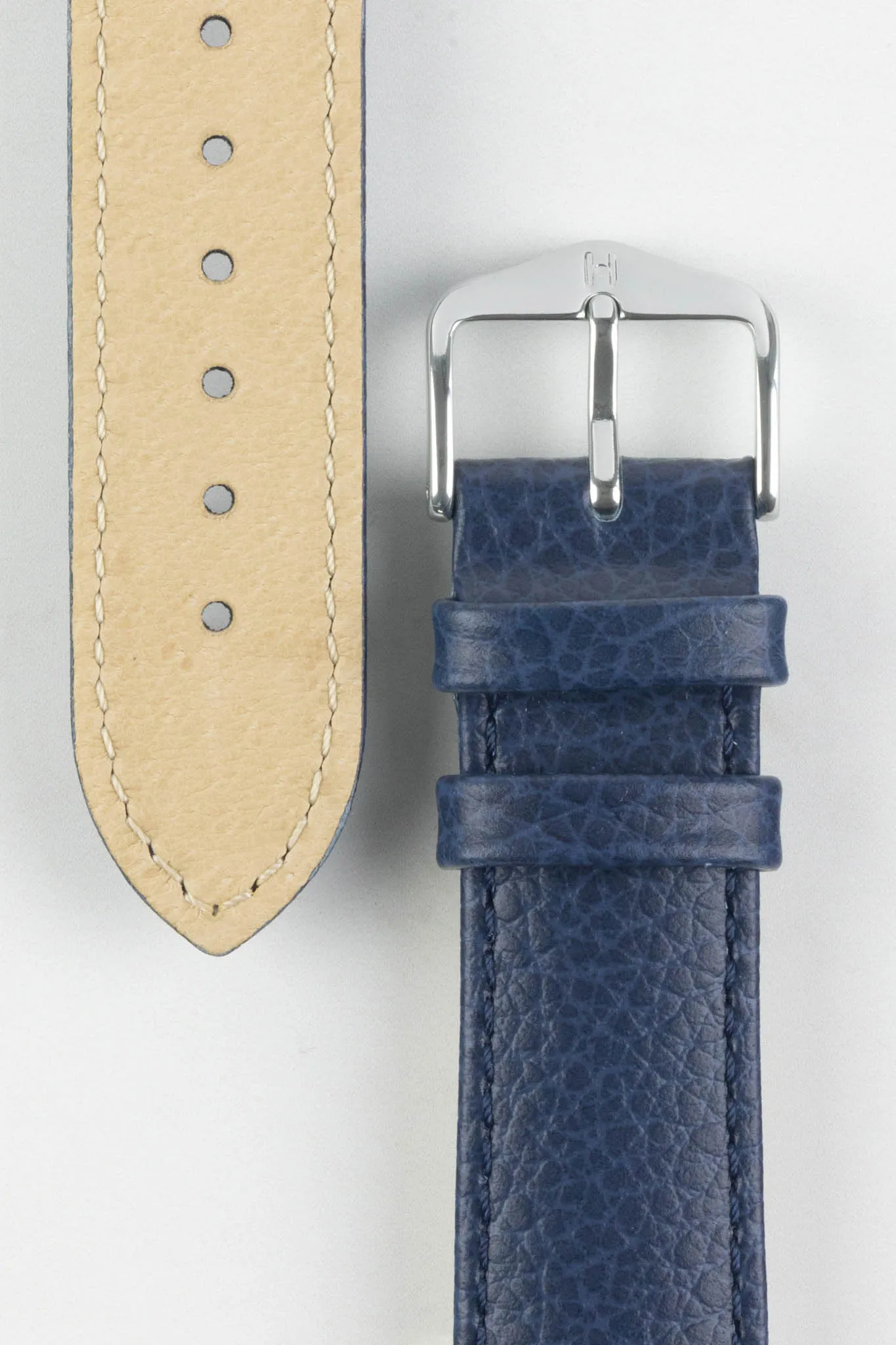 Hirsch KANSAS Buffalo Embossed Calf Leather Watch Strap in BLUE with Blue Stitch