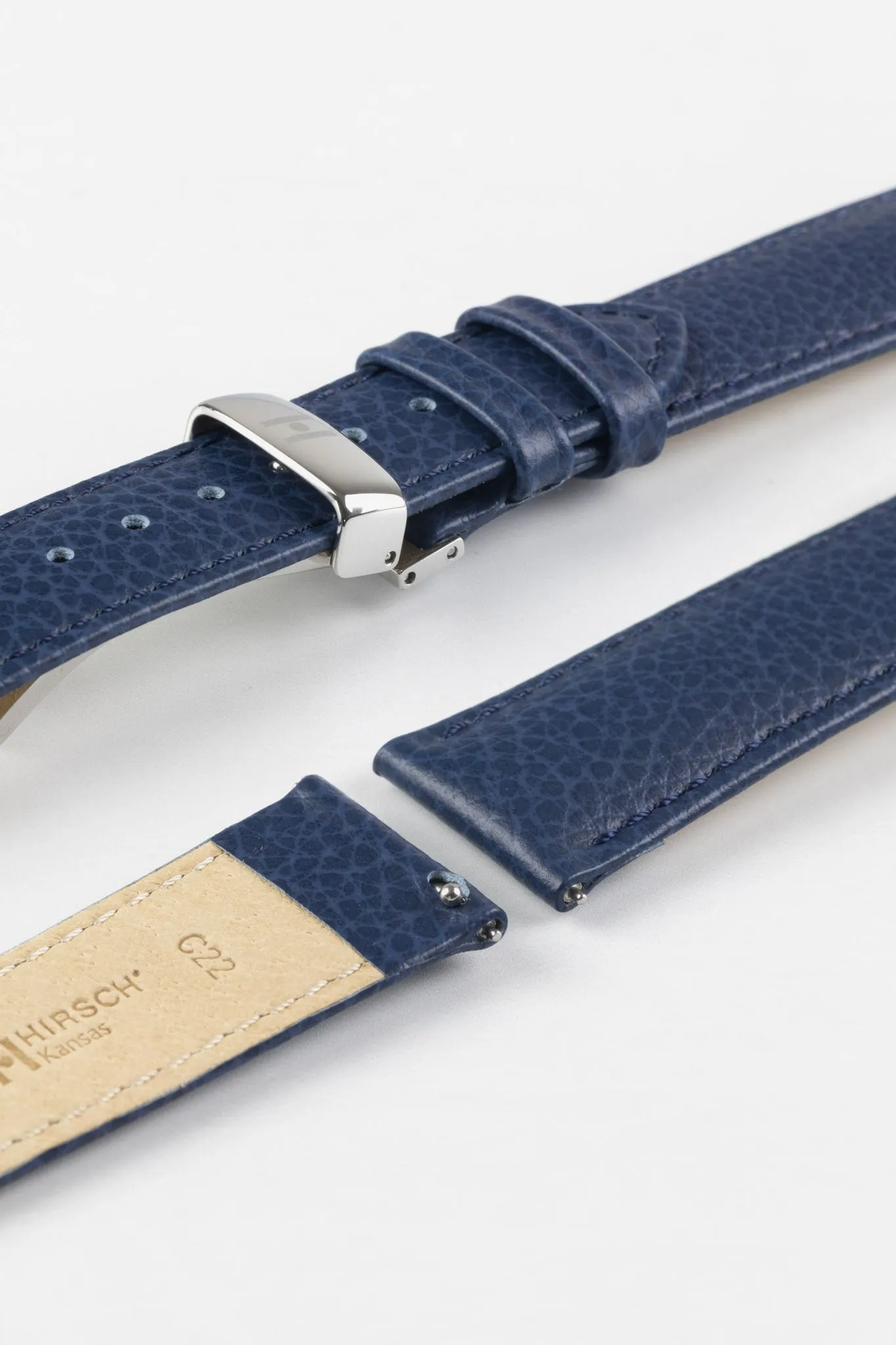 Hirsch KANSAS Buffalo Embossed Calf Leather Watch Strap in BLUE with Blue Stitch
