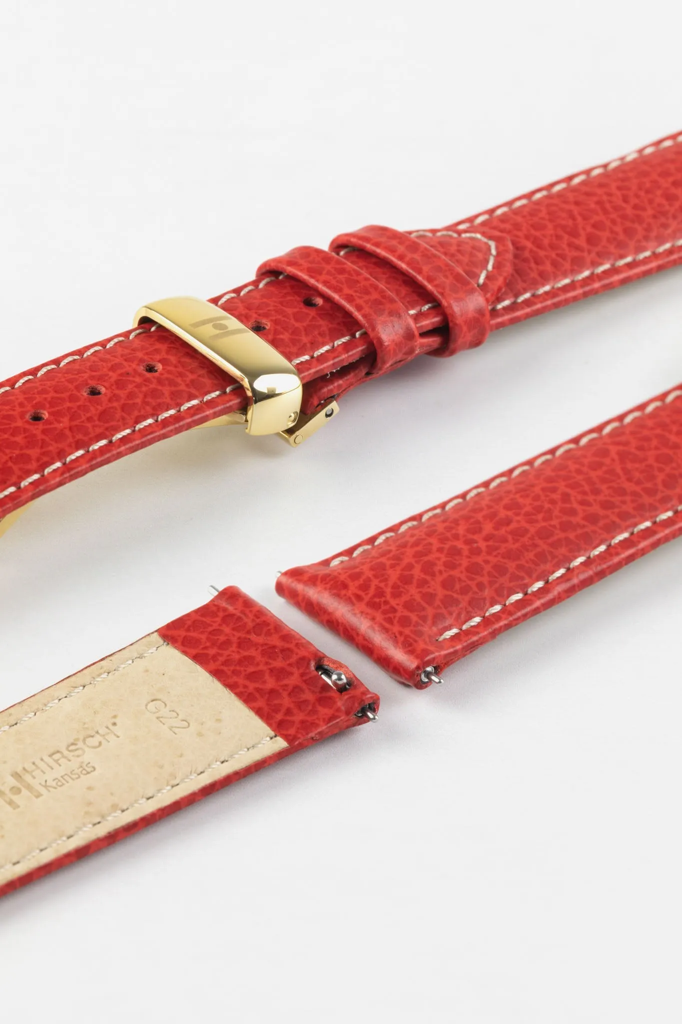 Hirsch KANSAS Buffalo-Embossed Calf Leather Watch Strap in RED with White Stitch