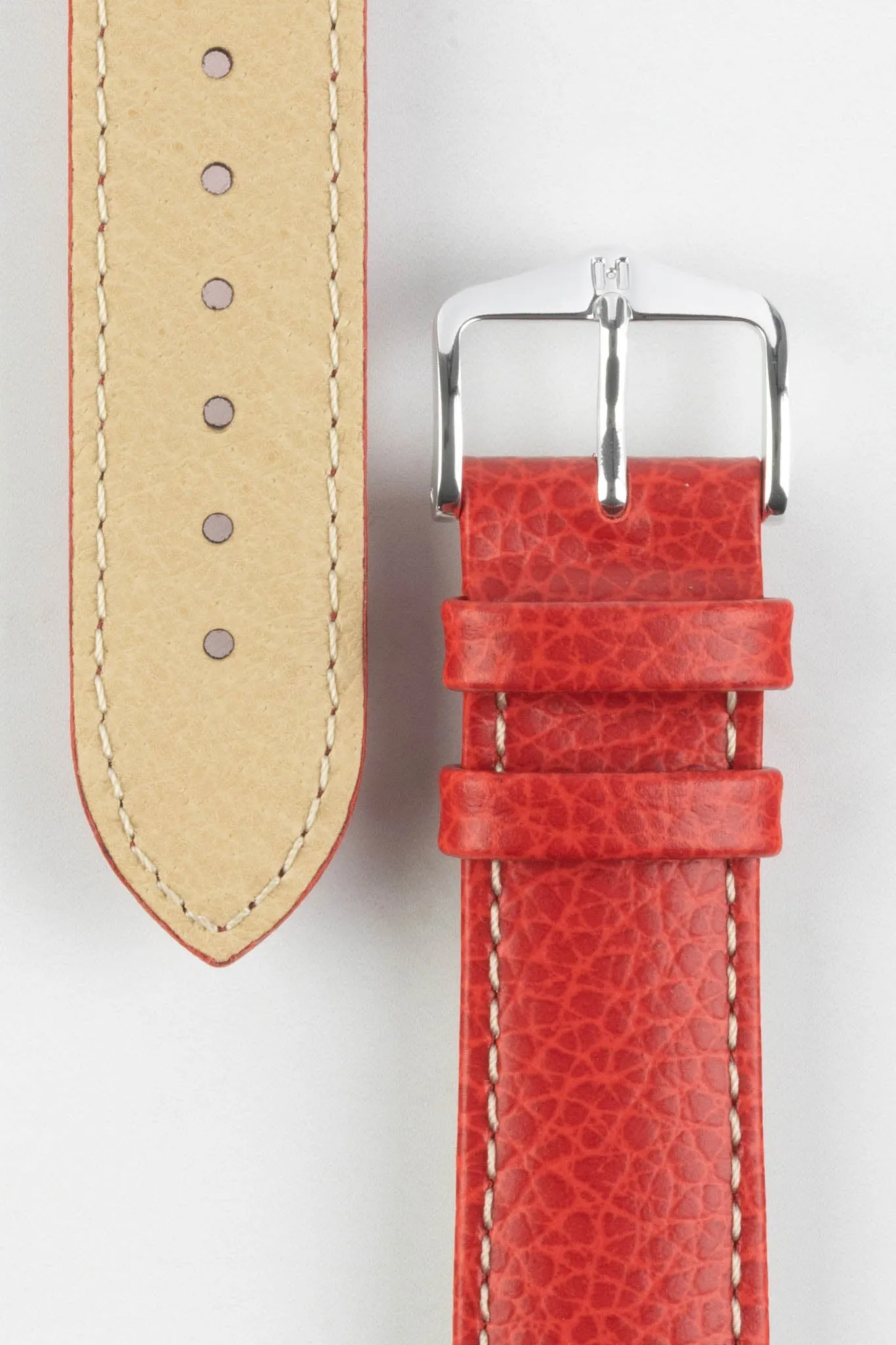 Hirsch KANSAS Buffalo-Embossed Calf Leather Watch Strap in RED with White Stitch
