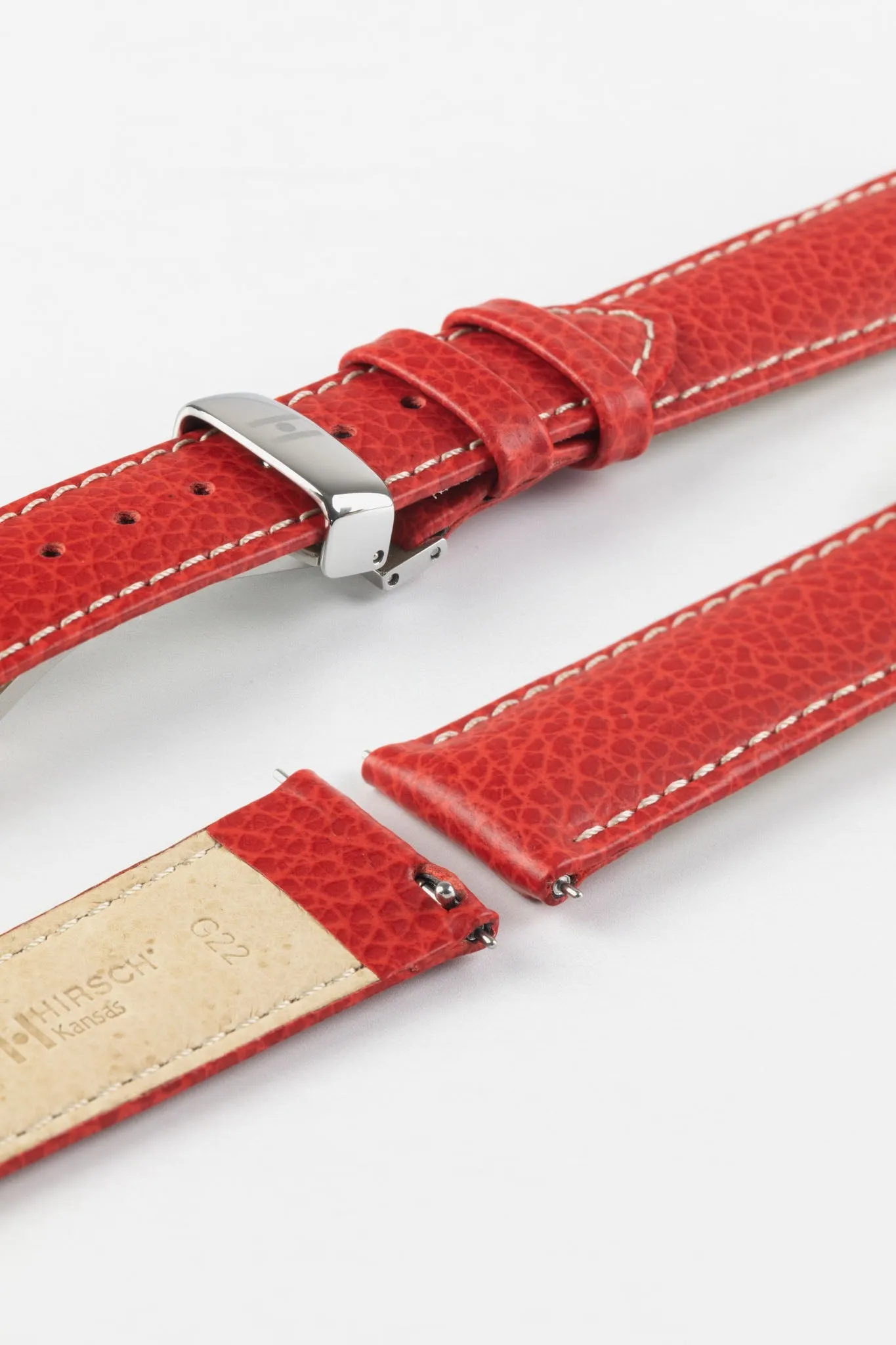Hirsch KANSAS Buffalo-Embossed Calf Leather Watch Strap in RED with White Stitch