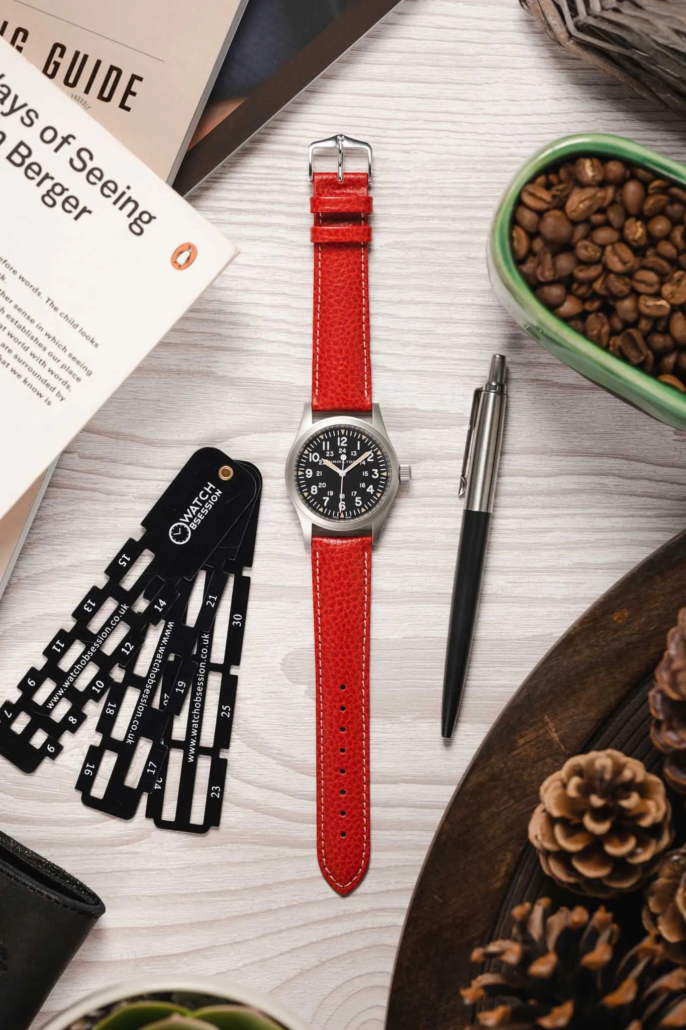 Hirsch KANSAS Buffalo-Embossed Calf Leather Watch Strap in RED with White Stitch