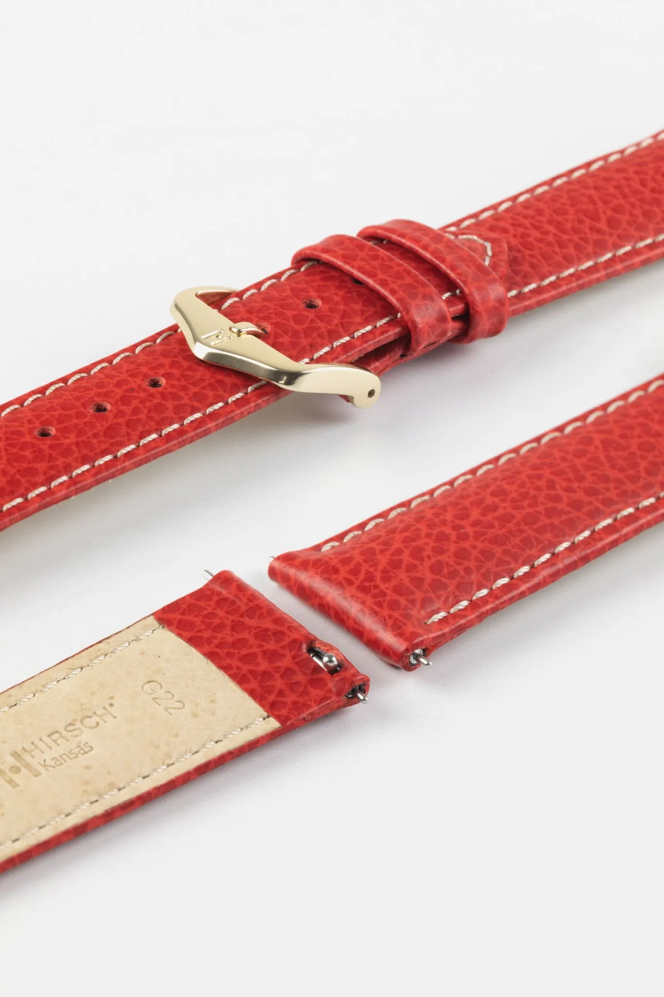 Hirsch KANSAS Buffalo-Embossed Calf Leather Watch Strap in RED with White Stitch