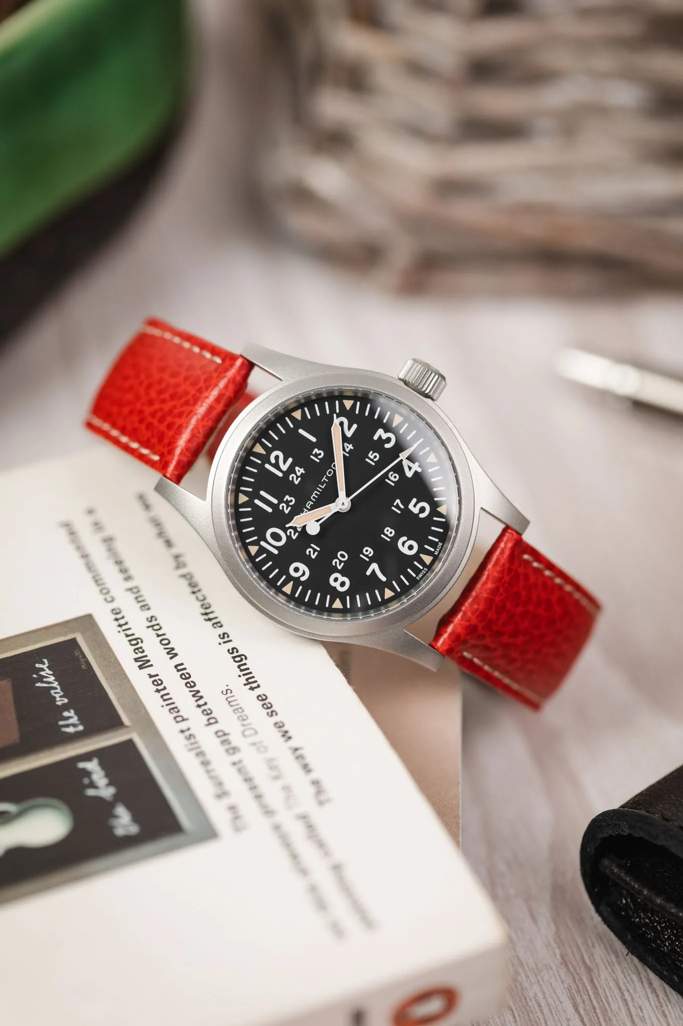 Hirsch KANSAS Buffalo-Embossed Calf Leather Watch Strap in RED with White Stitch