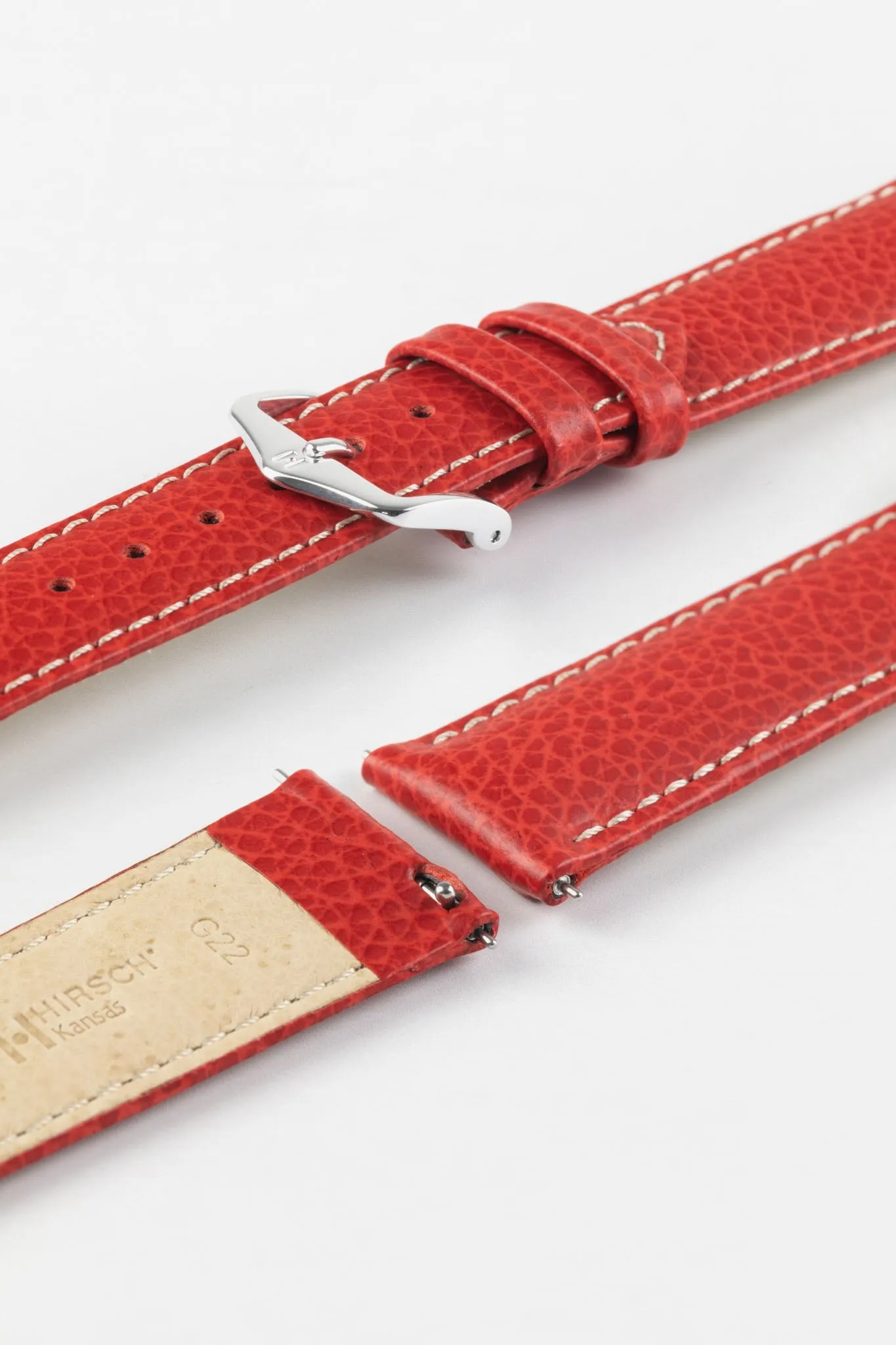 Hirsch KANSAS Buffalo-Embossed Calf Leather Watch Strap in RED with White Stitch