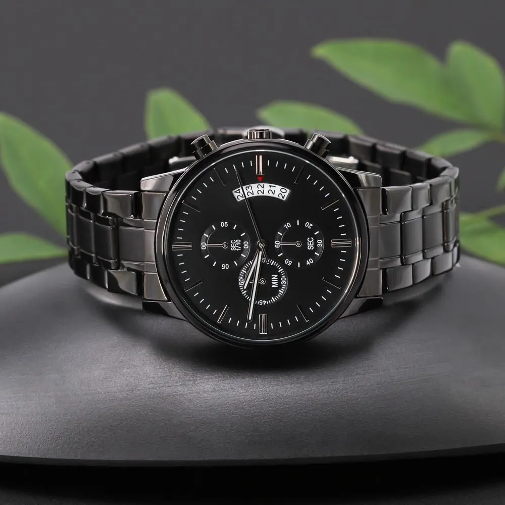 Husband Daddy Protector Hero Engraved Black Chronograph Watch