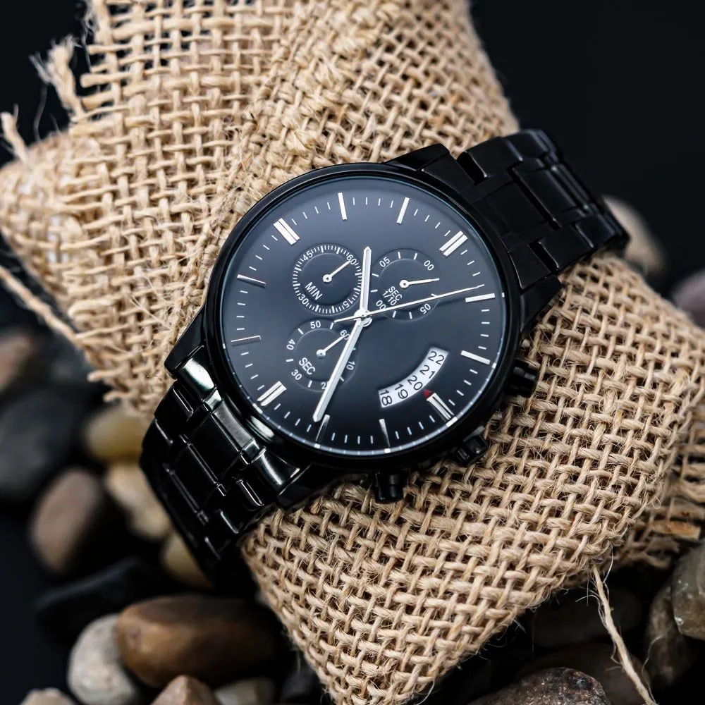 Husband Daddy Protector Hero Engraved Black Chronograph Watch