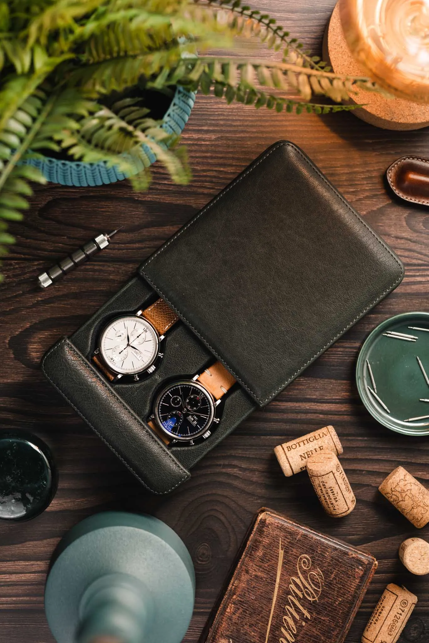 JPM 2-Watch Leather Sliding Storage Case in SPRUCE GREY