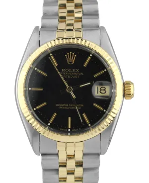 Ladies Rolex DateJust 6827 31mm Black Stick Two Tone Gold Steel Jubilee Watch