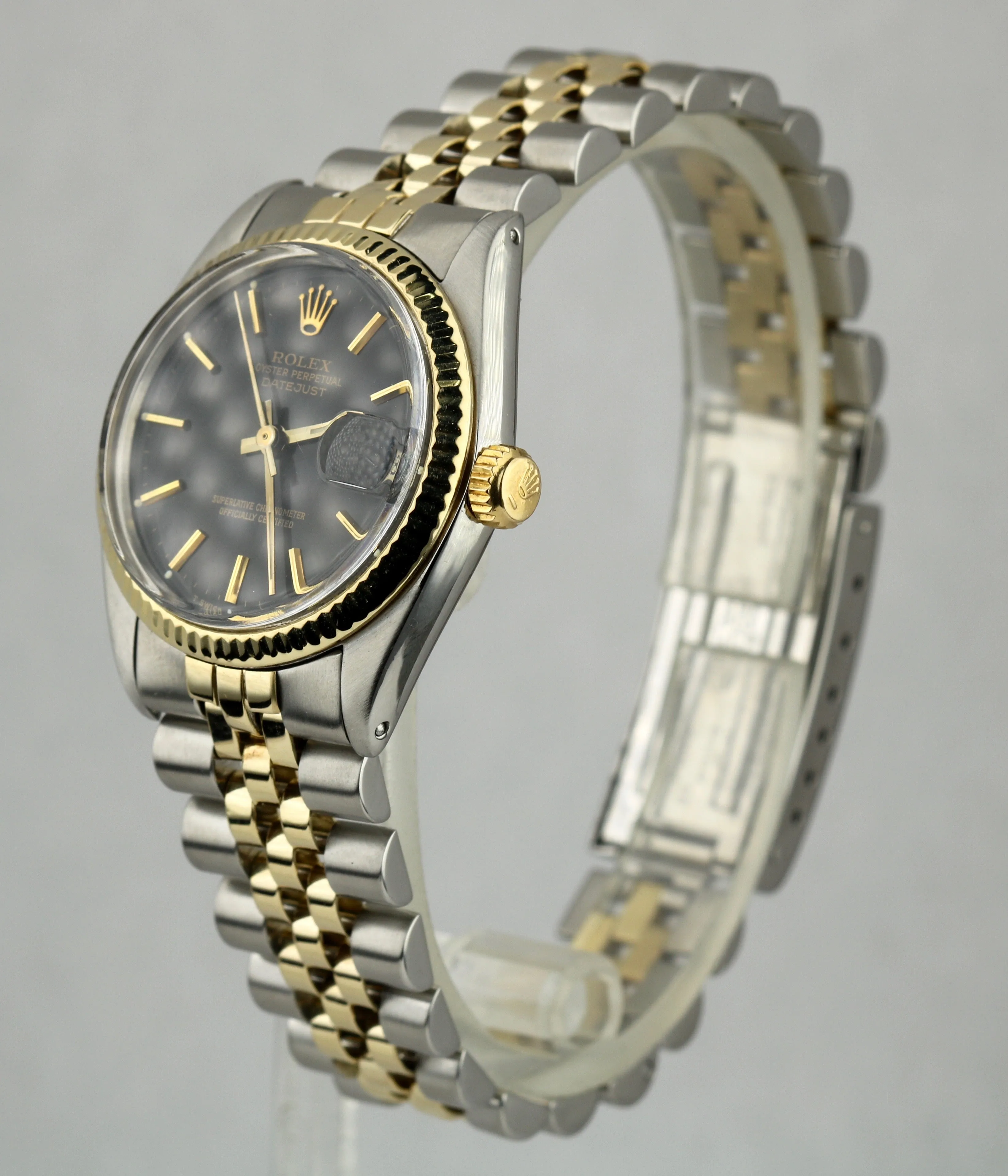 Ladies Rolex DateJust 6827 31mm Black Stick Two Tone Gold Steel Jubilee Watch