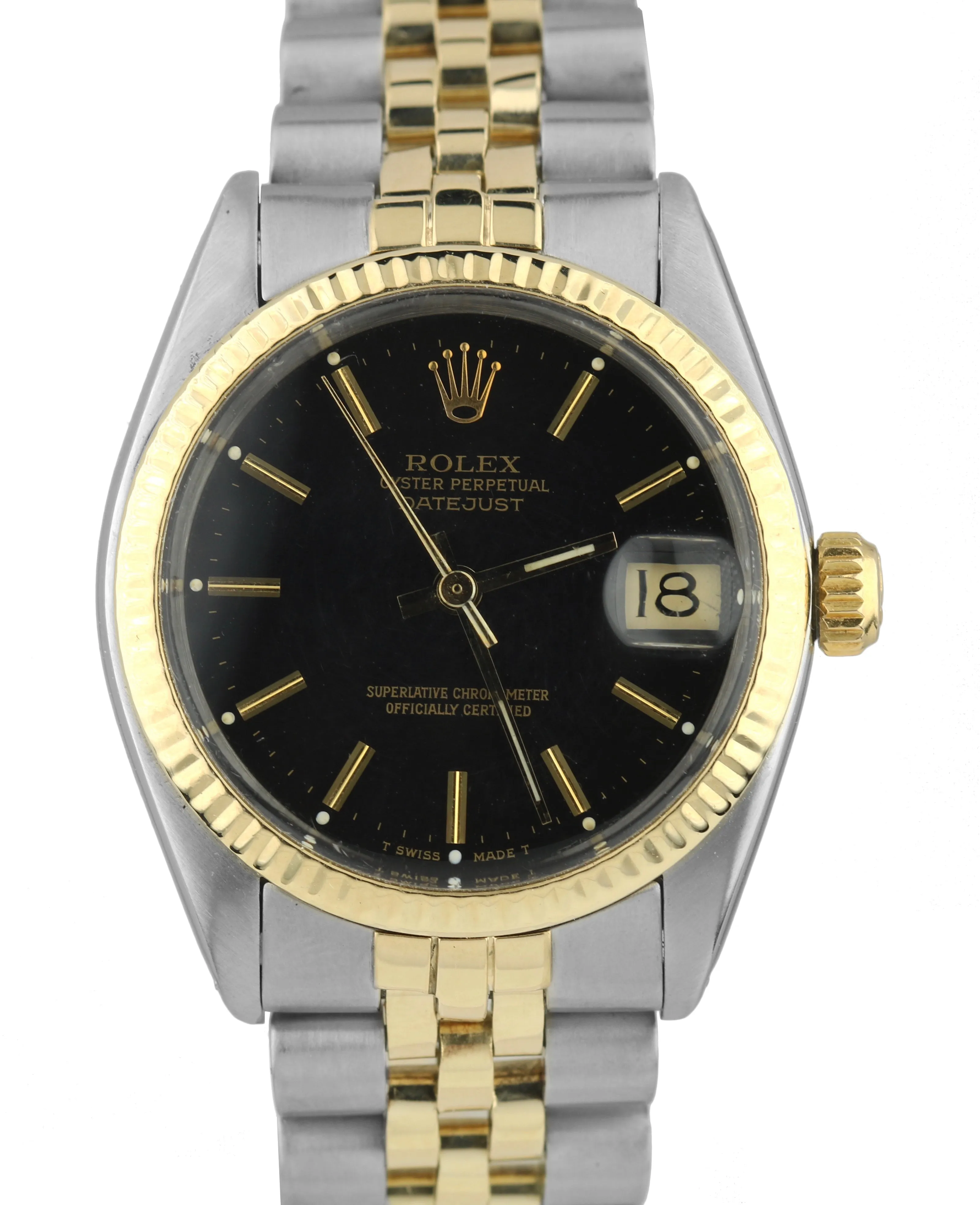 Ladies Rolex DateJust 6827 31mm Black Stick Two Tone Gold Steel Jubilee Watch