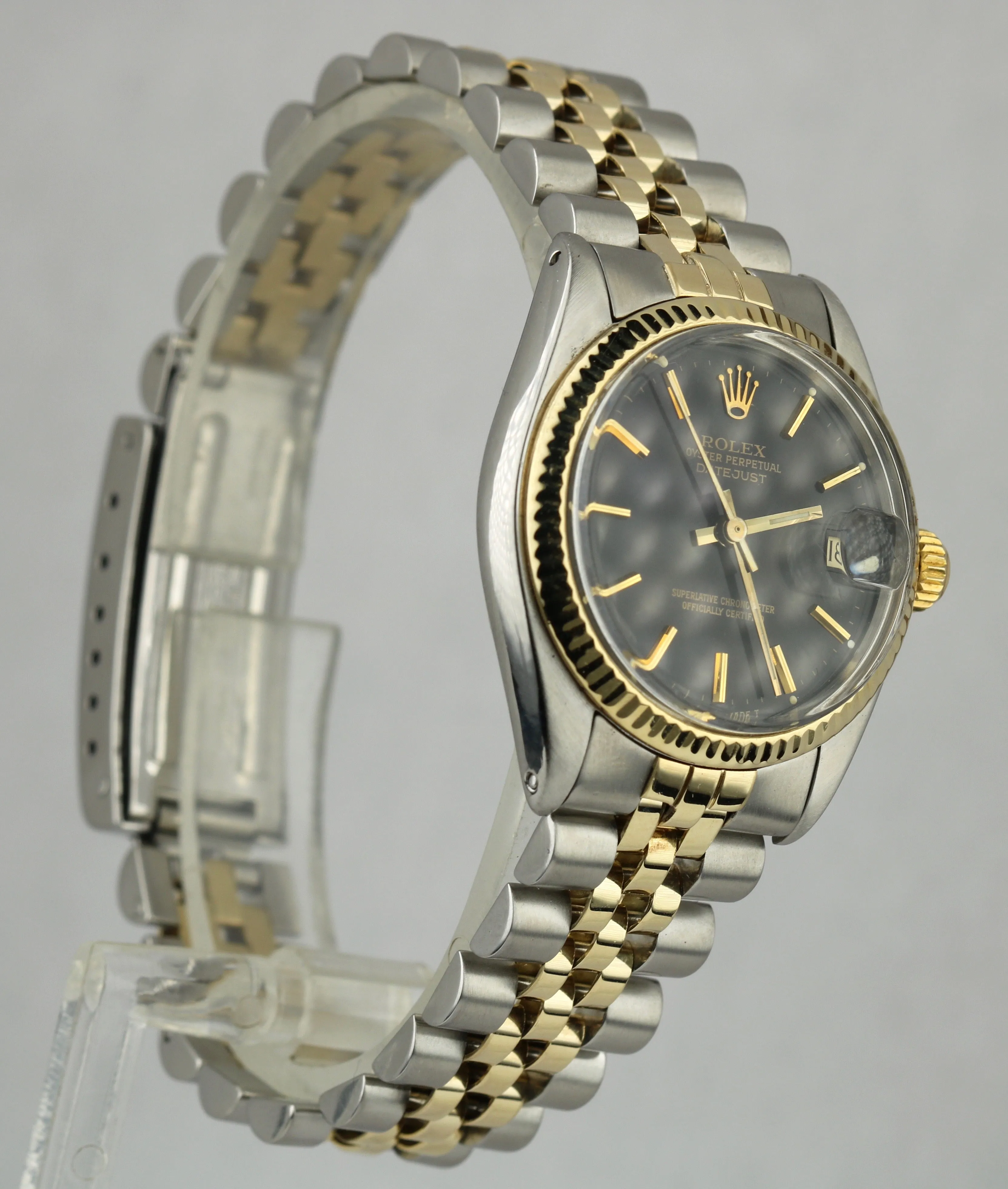 Ladies Rolex DateJust 6827 31mm Black Stick Two Tone Gold Steel Jubilee Watch