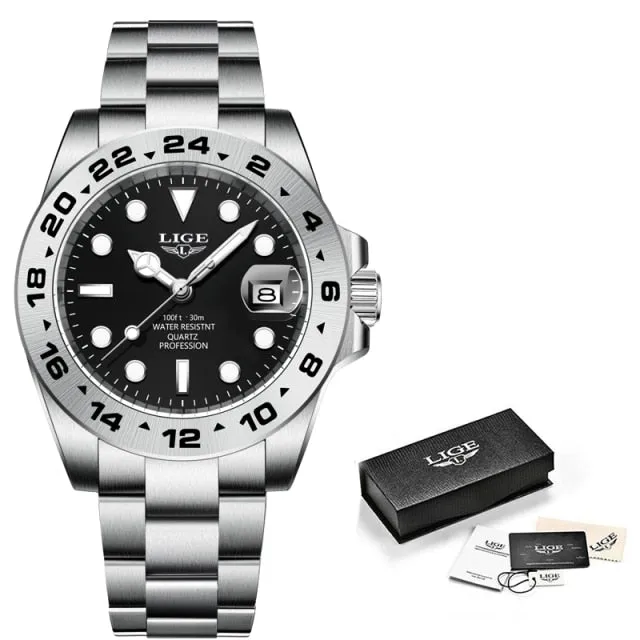 LIGE  Luxury Stainless Steel Quartz Watch