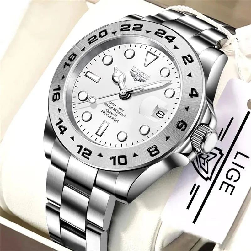 LIGE  Luxury Stainless Steel Quartz Watch